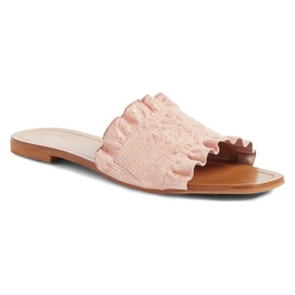 Lewit Cassandra Ruffle Pink Blush Rose Gold Leather Slide on Flats 7.5 - Picture 1 of 7
